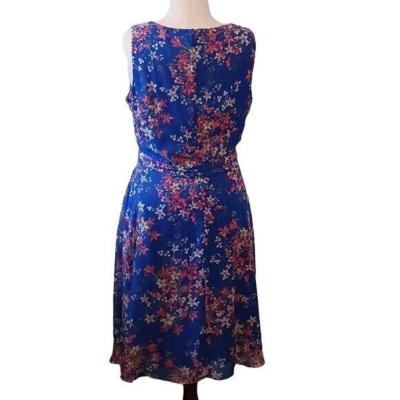 JH Blue Floral Pattern Sleeveless High Pleated Neck Dress Size 14 - Picture 5 of 10